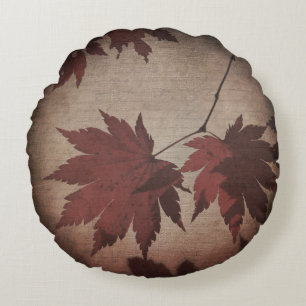 Japanese maple tree leaf and script fall brown red round cushion