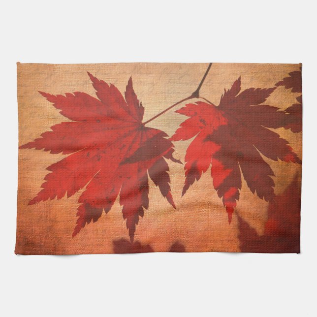 Japanese maple tree leaf orange script fall tea towel (Horizontal)