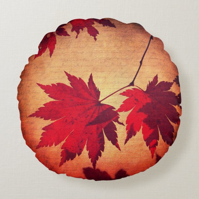 Japanese maple tree leaves and script fall round cushion (Front)