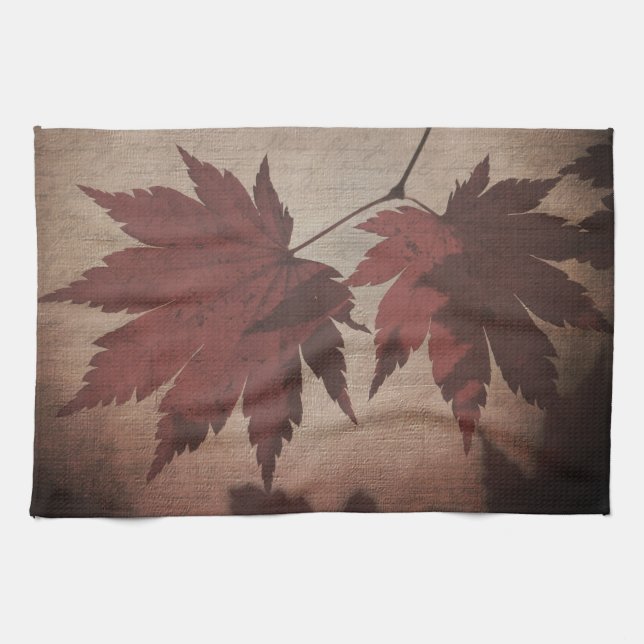 Japanese maple tree leaves and script fall tea towel (Horizontal)