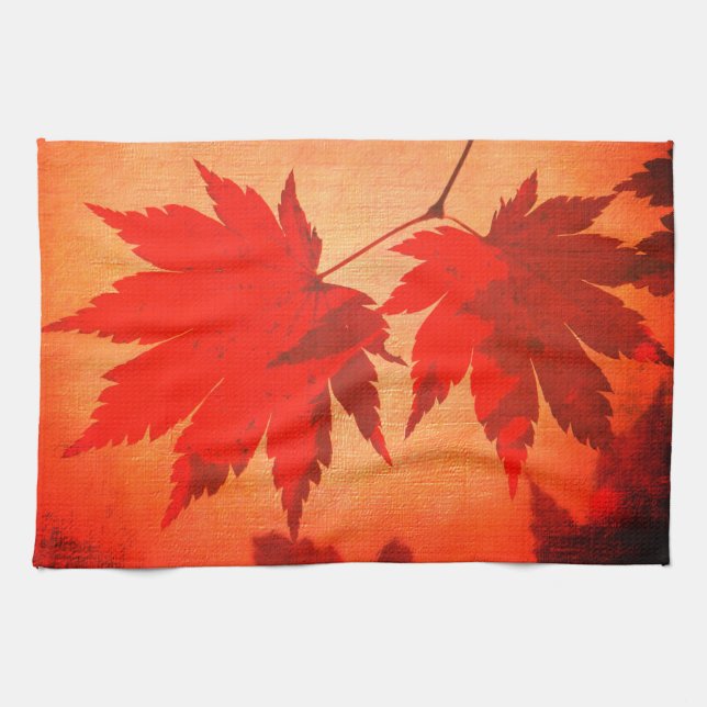 Japanese maple tree leaves script fall orange tea towel (Horizontal)
