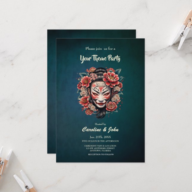 Japanese mask decorated with flowers. invitation (Front/Back In Situ)