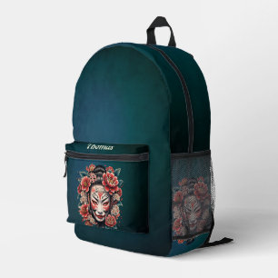 Japanese mask decorated with flowers printed backpack