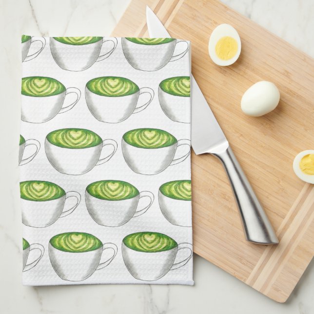 Japanese Matcha Green Tea Latte Teacup Foodie Tea Towel (Quarter Fold)