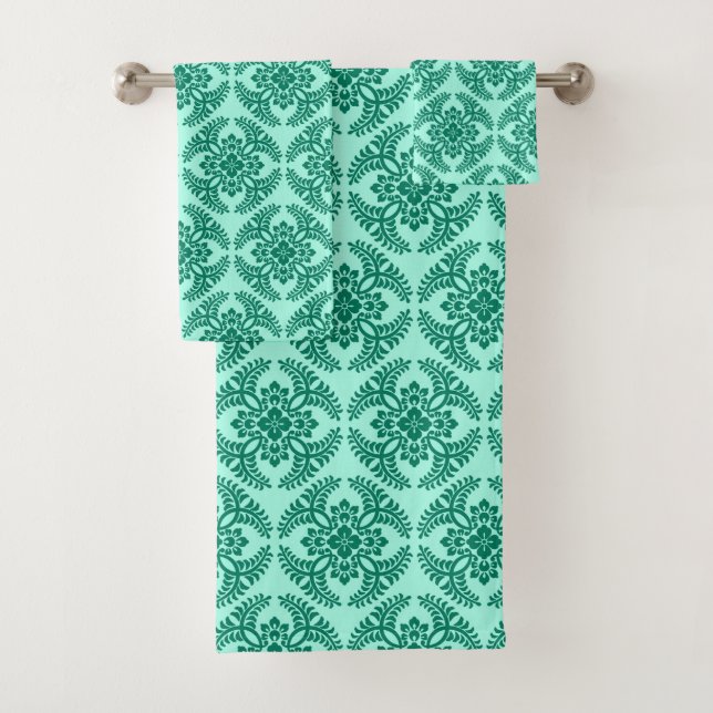 Japanese Medallion Pattern, Aqua and Turquoise  Bath Towel Set (Insitu)