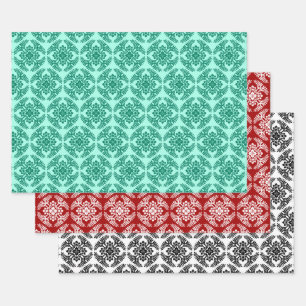 Japanese Medallion Pattern, Aqua. Red, Blk/White Wrapping Paper Sheet