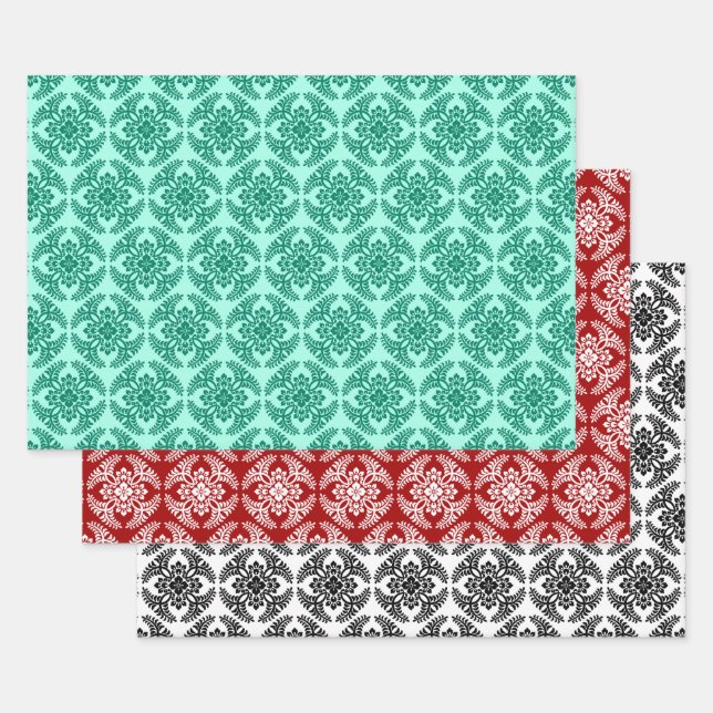 Japanese Medallion Pattern, Aqua. Red, Blk/White Wrapping Paper Sheet (Set)