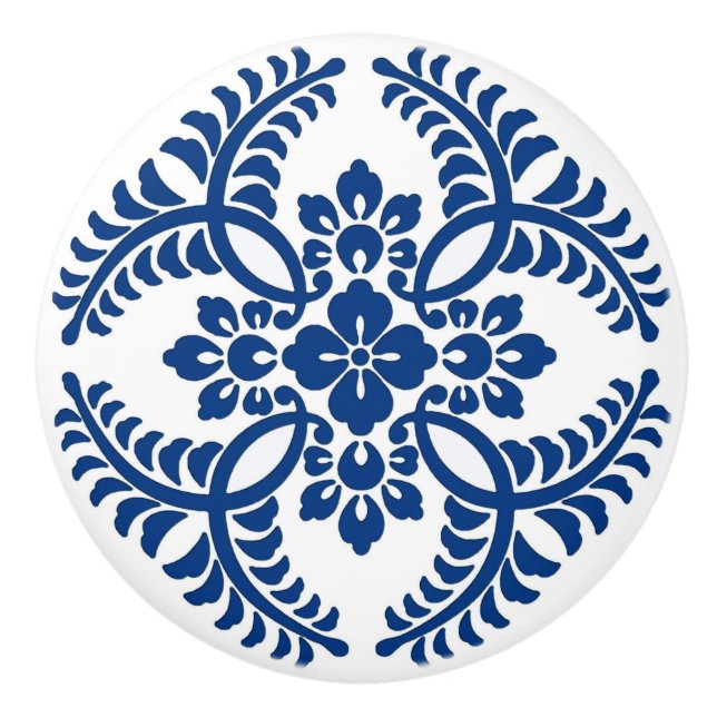 Japanese Medallion Pattern, Cobalt Blue and White Ceramic Knob (Front)