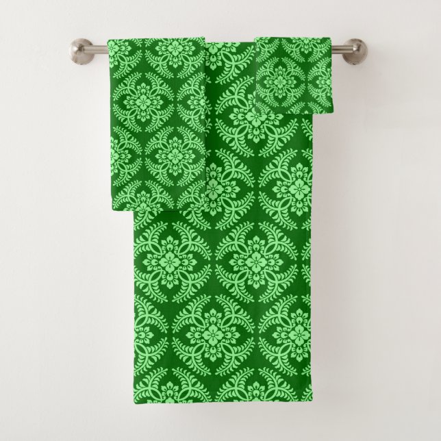 Japanese Medallion Pattern, Dark Jade Green Bath Towel Set (Insitu)
