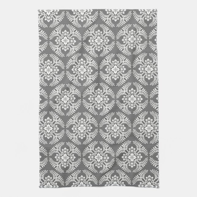 Japanese Medallion Pattern, Grey / Grey & White  Tea Towel (Vertical)