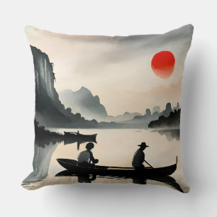 Japanese Men Sailing Boat Evening River Landscape  Cushion