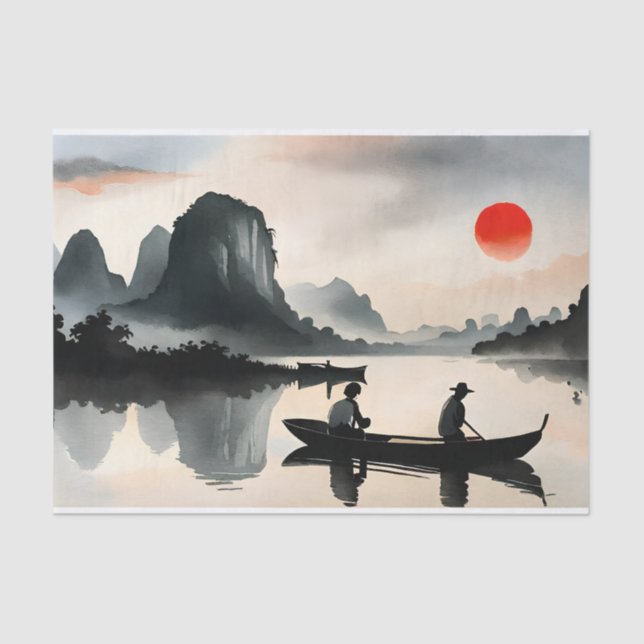 Japanese Men Sailing Boat Evening River Landscape  Tissue Paper (Front)