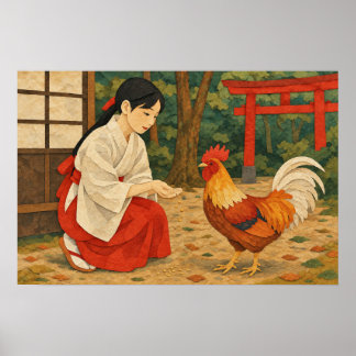 Japanese Miko and Rooster Chigiri-e Style Poster