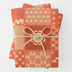 Japanese Mix Patchwork Coral Wrapping Paper Sheet