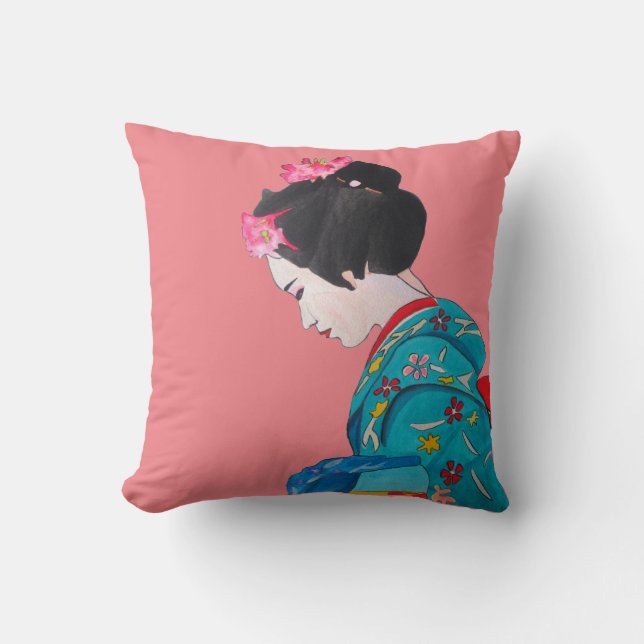 Japanese modern Geisha with pink cherry blossom Cushion (Front)