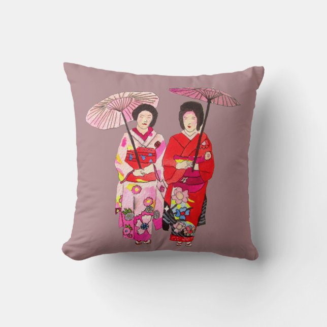 Japanese modern Geisha with pink kimono and obi Cushion (Front)