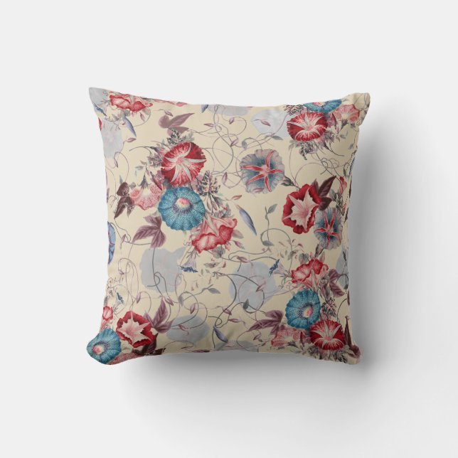 Japanese Morning Glories Flower Pattern Beige Cushion (Front)