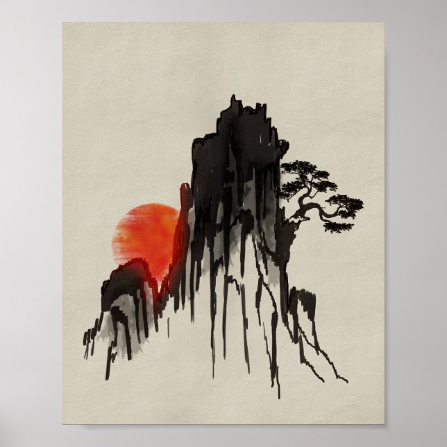 Japanese Mountain sunset - sumi-e Poster (Front)