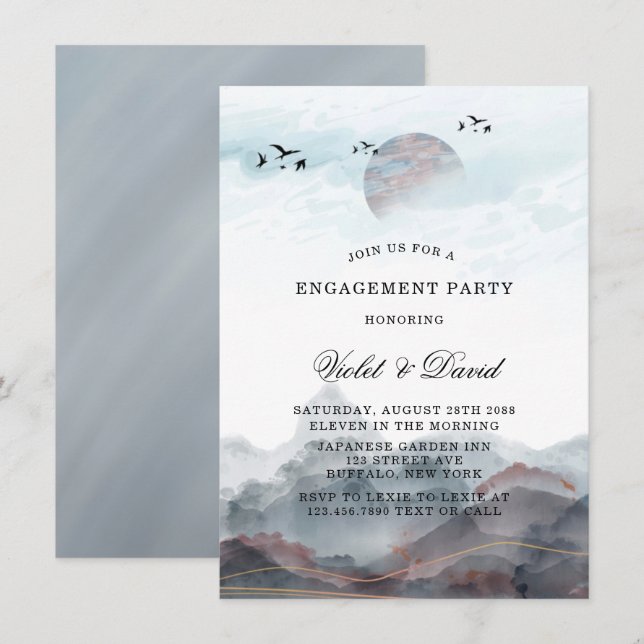 Japanese Mountain Watercolor Engagement Party Invitation (Front/Back)