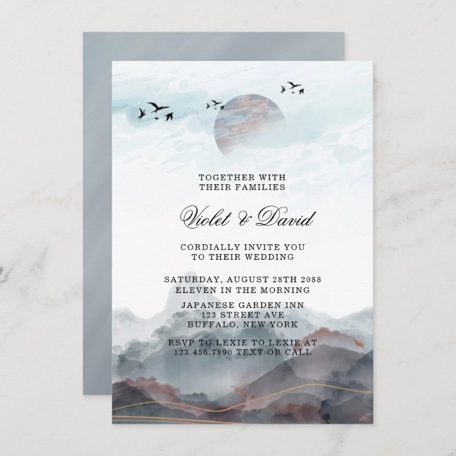 Japanese Mountain Watercolor Wedding Invitation (Front/Back)