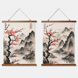Japanese Mountains on a blessed river Landscape Hanging Tapestry