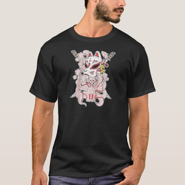 Japanese Mythical Creature Kitsune Mask Nine Taile T-Shirt (Front)