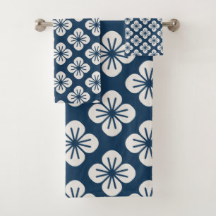 Japanese Navy Blue Ivory Floral Geometric Pattern Bath Towel Set