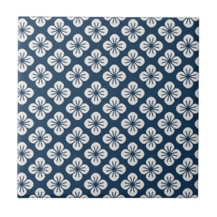 Japanese Navy Blue Ivory Floral Geometric Pattern Ceramic Tile