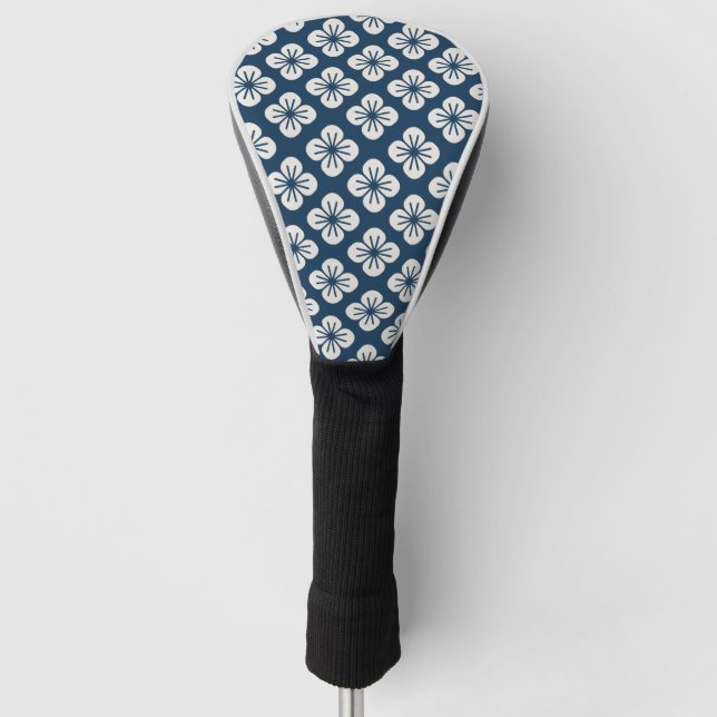 Japanese Navy Blue Ivory Floral Geometric Pattern Golf Head Cover (Front)