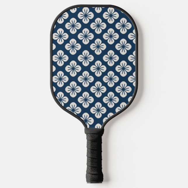 Japanese Navy Blue Ivory Floral Geometric Pattern Pickleball Paddle (Front)