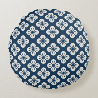 Japanese Navy Blue Ivory Floral Geometric Pattern Round Cushion