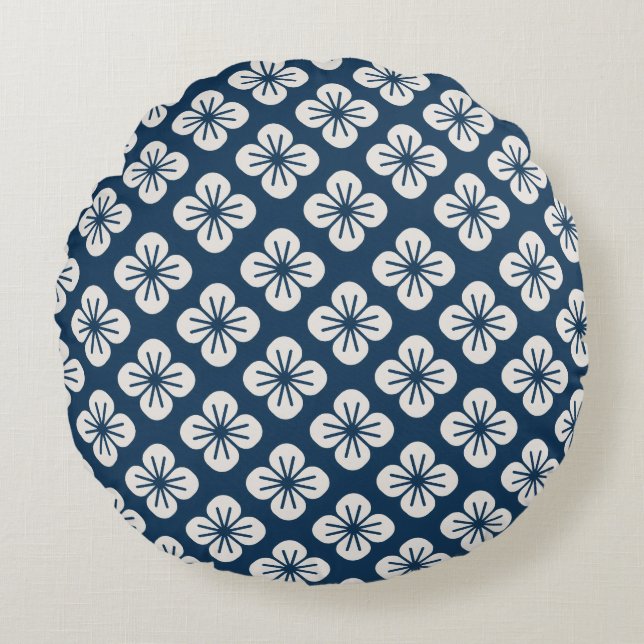 Japanese Navy Blue Ivory Floral Geometric Pattern Round Cushion (Front)
