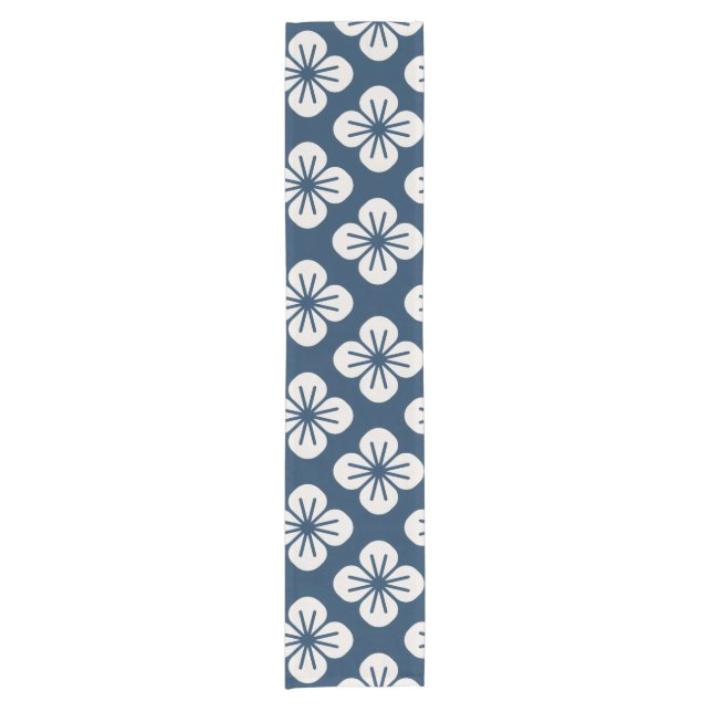 Japanese Navy Blue Ivory Floral Geometric Pattern Short Table Runner (Front)