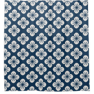 Japanese Navy Blue Ivory Floral Geometric Pattern Shower Curtain