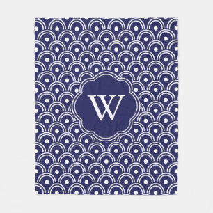 Japanese Navy Blue Pattern Monogram Fleece Blanket