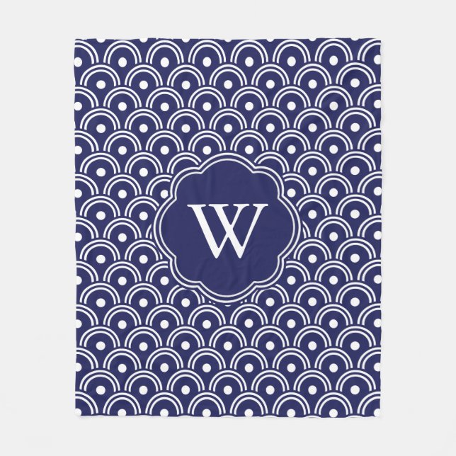 Japanese Navy Blue Pattern Monogram Fleece Blanket (Front)