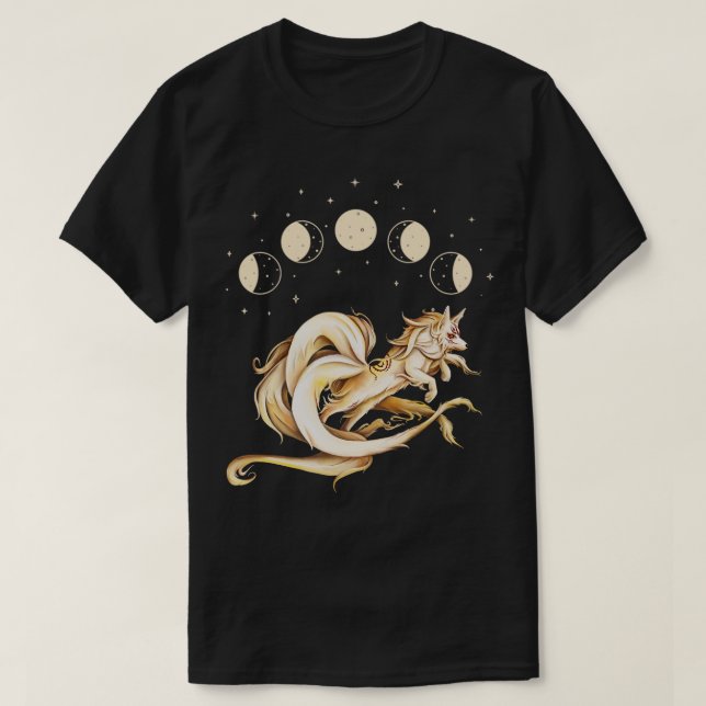Japanese Nine Tails Fox Kitsune Moon Phases Folklo T-Shirt (Design Front)