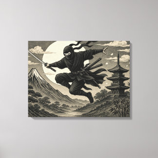 Japanese Ninja Full Moon Fuji Canvas Print