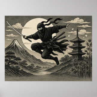Japanese Ninja Full Moon Fuji Poster