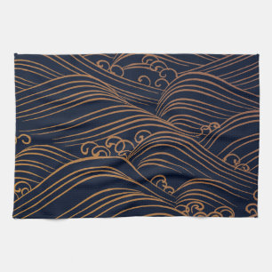 Japanese Ocean Waves Abstract Navy Blue Gold Brown Tea Towel