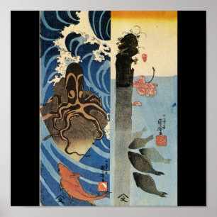 Japanese Octopus and Fish c. 1800's (Japan) Poster
