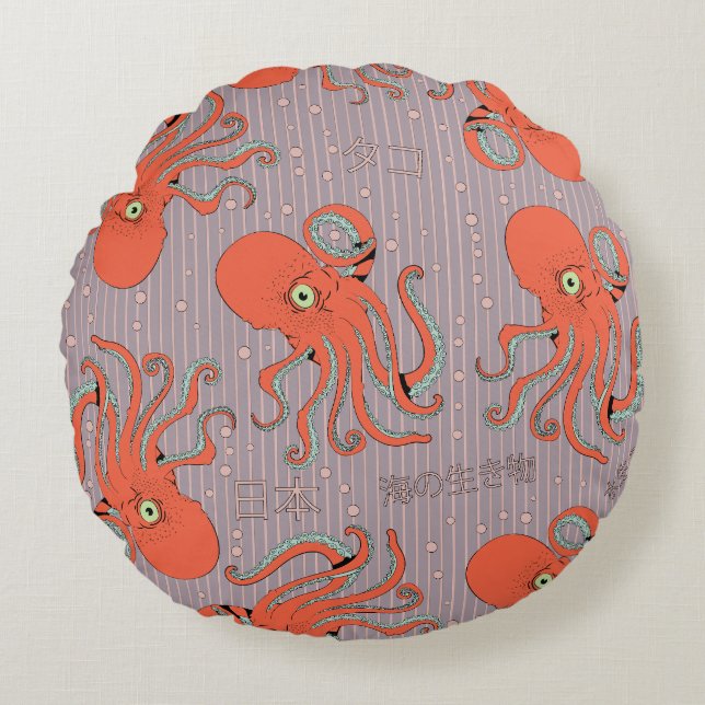 Japanese Octopus Pattern Round Cushion (Front)