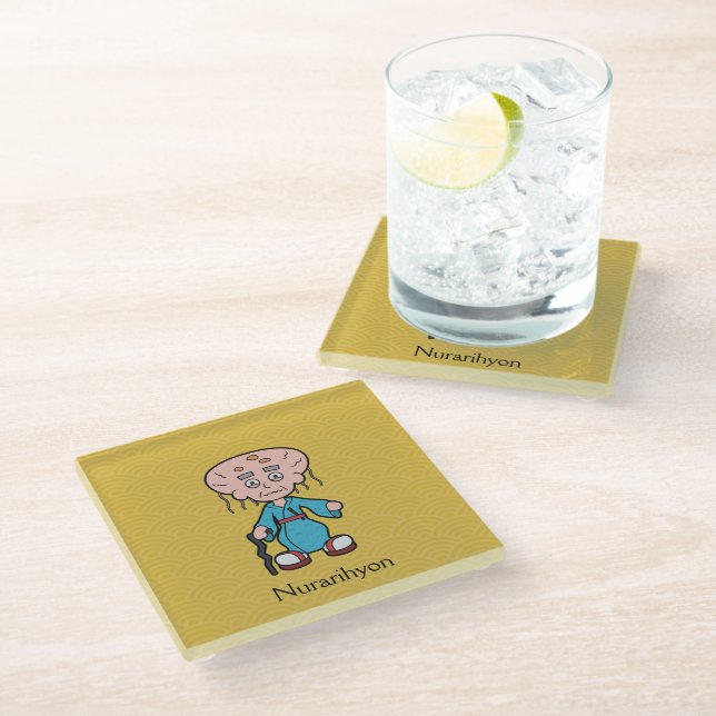 Japanese Old Man Nurarihyon: Cartoon Yokai Glass Coaster (Angled)