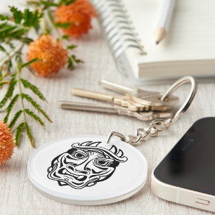 Japanese Oni Mask Tribal Demon Line Art Key Ring
