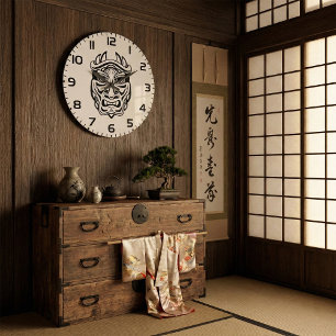 Japanese Oni Mask Tribal Demon Line Art Large Clock