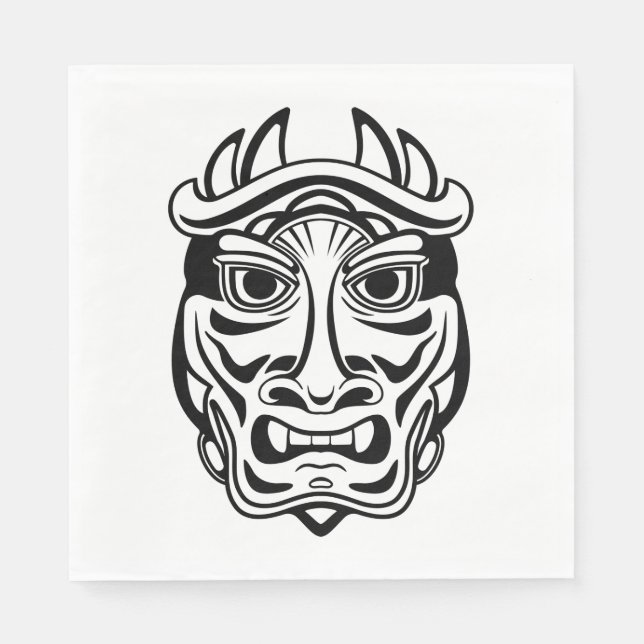 Japanese Oni Mask Tribal Demon Line Art Napkin (Front)