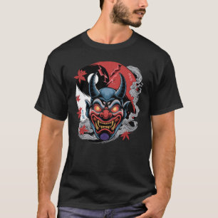 Japanese Oni Mask with Yin-Yang and Maple Leaves T-Shirt