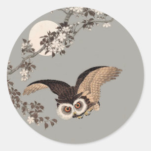 Japanese Owl Night Moon Woodcut Flying Night Classic Round Sticker