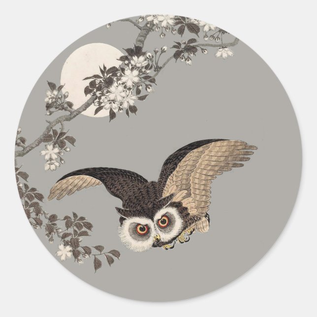 Japanese Owl Night Moon Woodcut Flying Night Classic Round Sticker (Front)