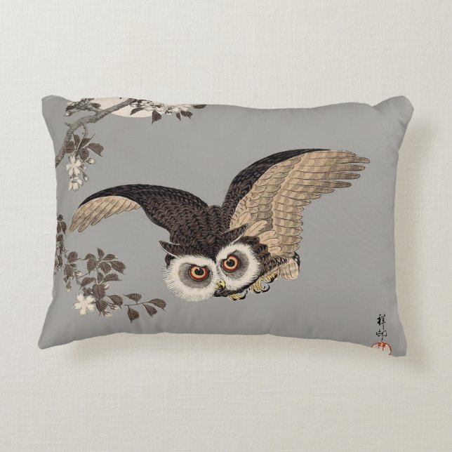 Japanese Owl Night Moon Woodcut Flying Night Decorative Cushion (Back)